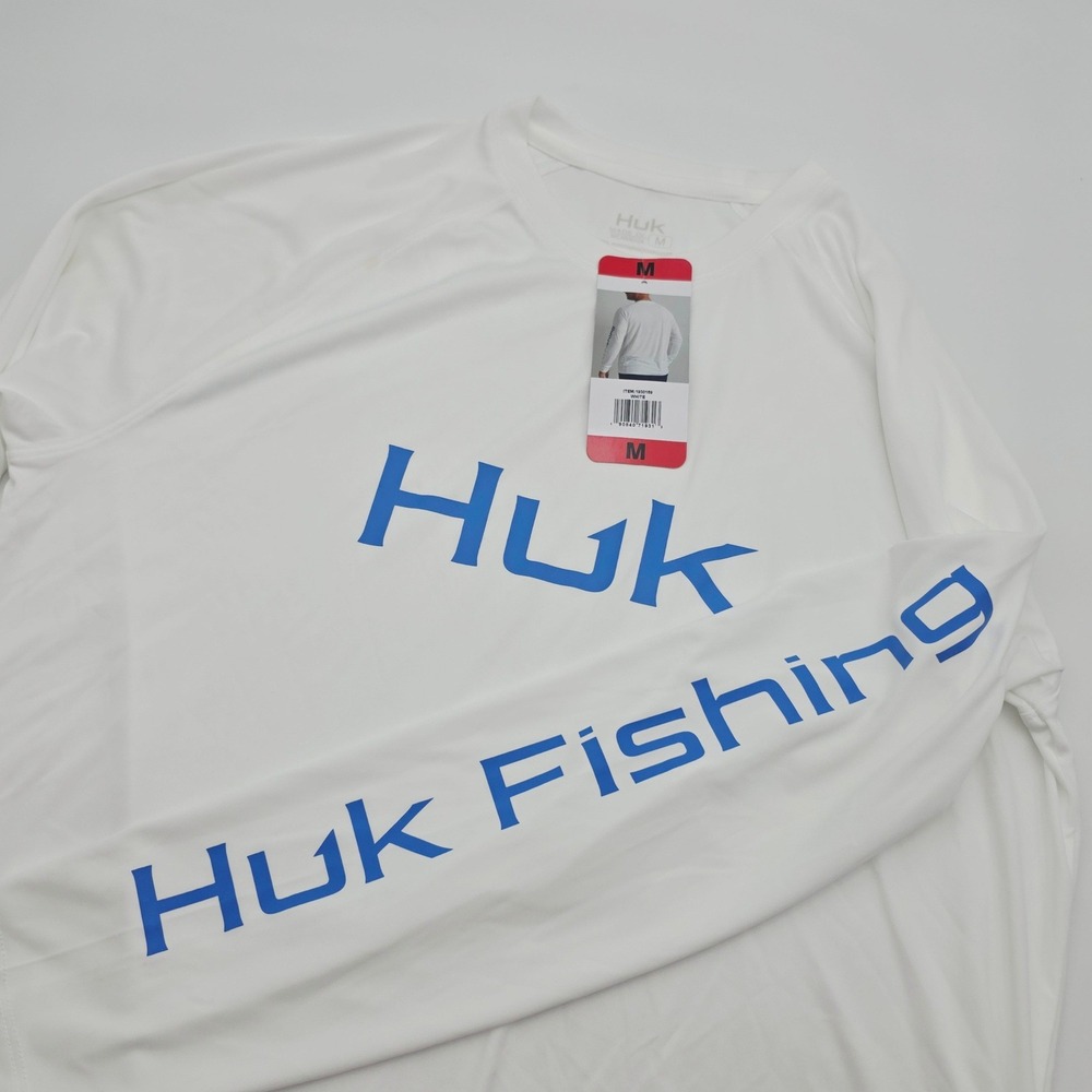 Huk Fishing Mens White Long Sleeve Performance Shirt Blue Logo Size M NWT